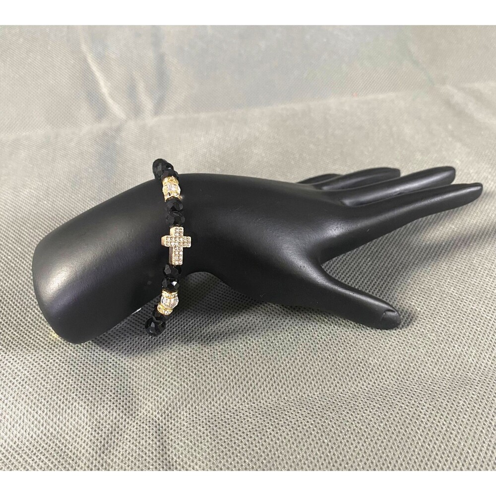 Metallic Black Cross Charm Bracelet Octagon Beads Multicolor Stretch